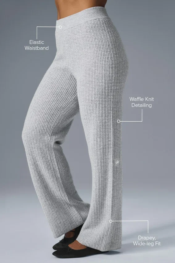 Spodnie z kaszmiru z High-Waist i miękką fakturą waflową – szary sportowy melanż
