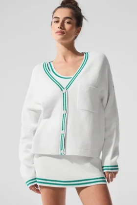 Swetr z dzianiny typu cardigan „Tennis Club” – biały/zielony świerkowy