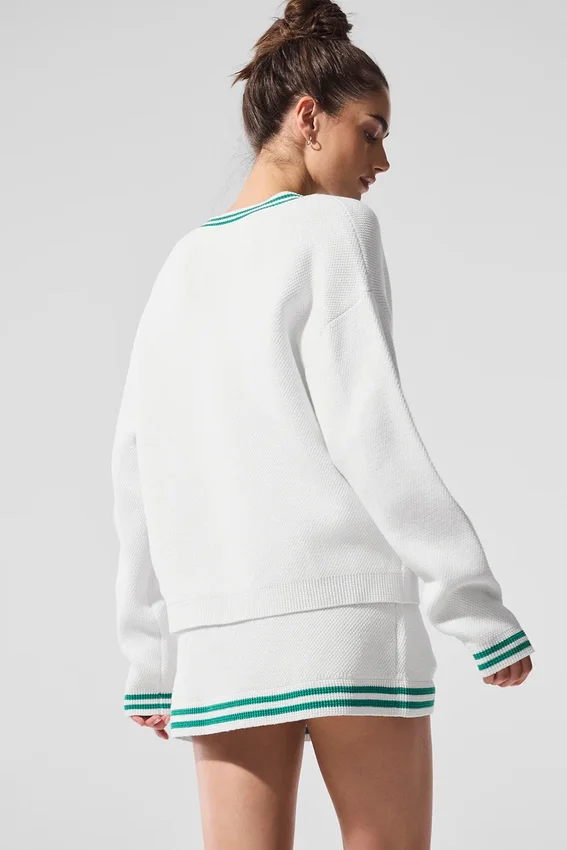 Swetr z dzianiny typu cardigan „Tennis Club” – biały/zielony świerkowy