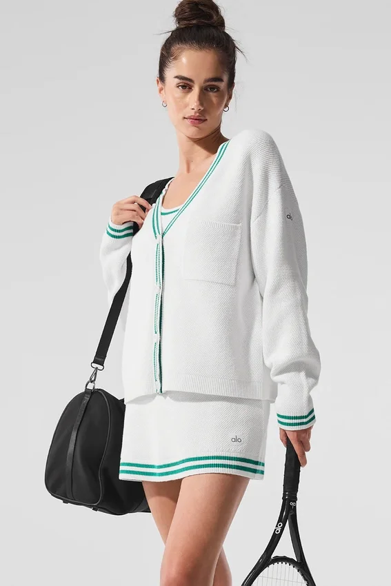 Swetr z dzianiny typu cardigan „Tennis Club” – biały/zielony świerkowy