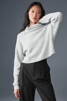 Swetr z golfem z miękkiego kaszmiru o splocie waflowym – kolor Athletic Heather Grey