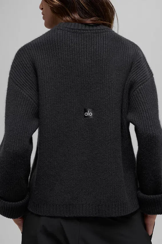 Swetr z prążkowanym dekoltem typu crew neck z wełny i kaszmiru – czarny