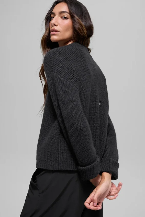 Swetr z prążkowanym dekoltem typu crew neck z wełny i kaszmiru – czarny