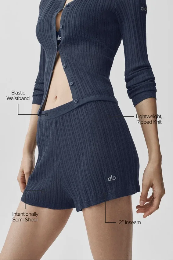 Szorty High-Waist „Sunlit” z dzianiny sweterkowej – granatowe