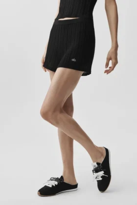 Szorty High-Waist z dzianiny sweterkowej – czarne