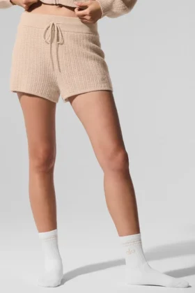 Szorty z kaszmiru High-Waist z pluszową fakturą waflową – Macadamia Blush
